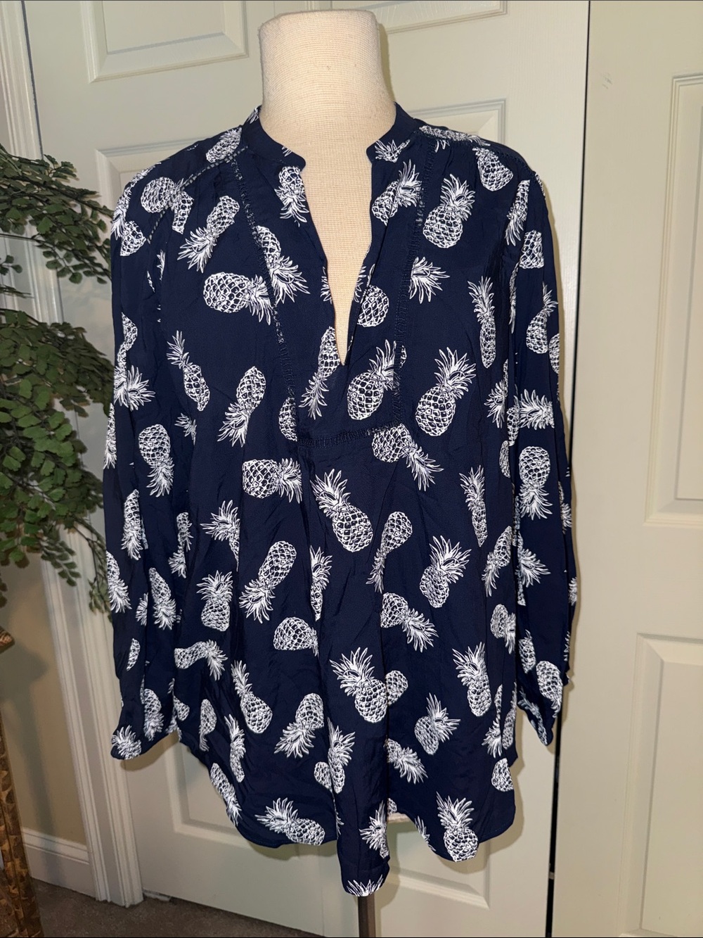 LOFT Navy Tunic with White Pineapple Print